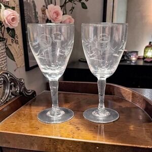 Rose Etched Glass Cordials, Set of 2, Floral Liqueur Glasses, Vintage Stemware